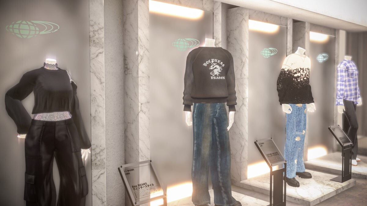 「Tokyo Mood by BEAMS」イメージ画像。ウィンドウやマネキンに展示されたアバター用3D衣装は店内の試着室で試着可能