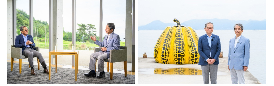 写真は 槇野岡山大学学長と安達ベネッセ社長が7月に直島を訪問した時のもの。
