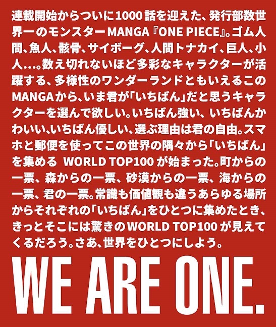 「第1回 ONE PIECE キャラクター世界人気投票」特設サイトより。1000超のキャラクターの中からナンバーワンを決めると同時に、世界のTOP100の結果を比較することで価値観の違いや多様性を体験するプロジェクト。