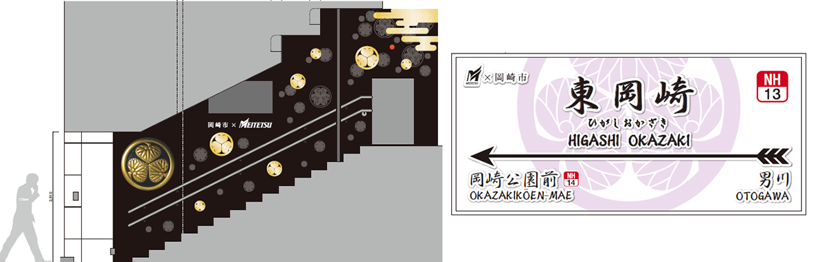 左：階段壁面イメージ　右：ホーム駅名標イメージ